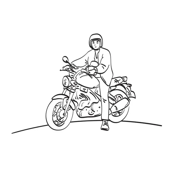 Motorista Con Moto Vector Ilustración Aislado Arte Línea Fondo Blanco — Archivo Imágenes Vectoriales