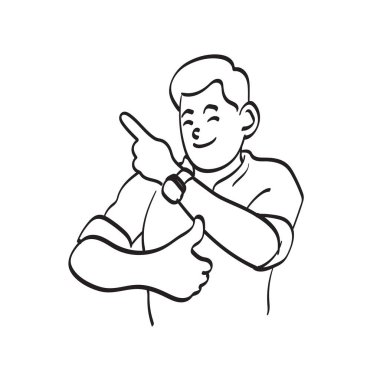 beyaz arkaplanda izole edilmiş boş uzay çizim vektörünü işaret eden baş parmağı yukarıda çizgi sanat işadamı