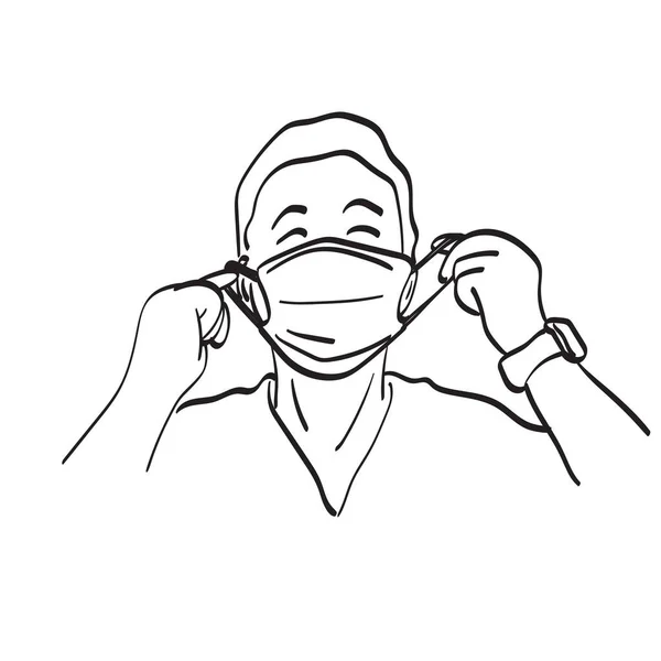 Línea Arte Primer Plano Hombre Poner Máscara Médica Vector Ilustración — Vector de stock