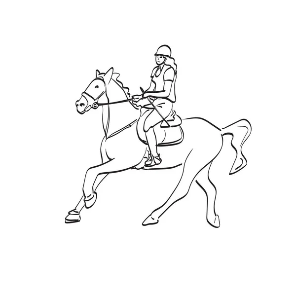 Ligne Art Cavalier Dressage Féminin Sur Cheval Baie Illustration Vecteur — Image vectorielle