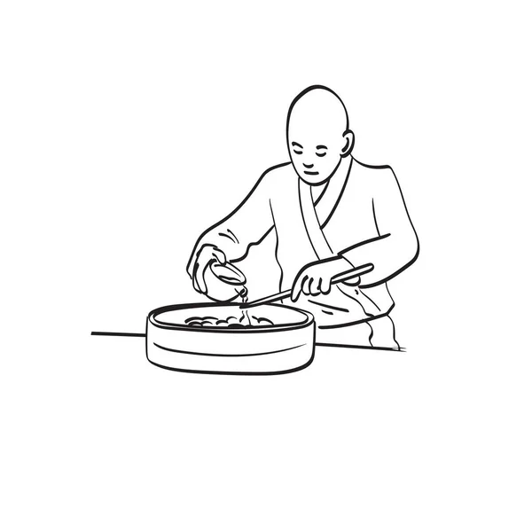 Chef Masculino Preparando Arroz Para Fazer Sushi Ilustração Vetor Isolado — Vetor de Stock
