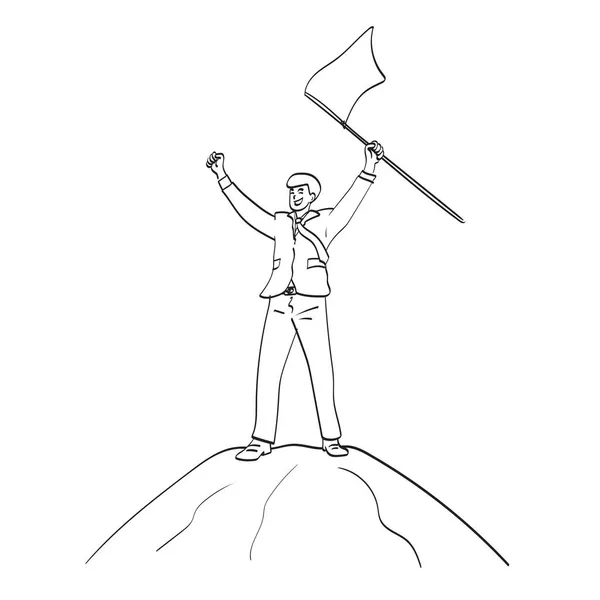 Line Art Successful Businessman Hold Flag Top Mountain Illustration Vector — Stock Vector
