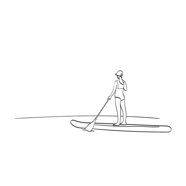 Vista Posterior Mujer Pie Paddle Board Ilustración Vector Aislado Arte — Vector de stock