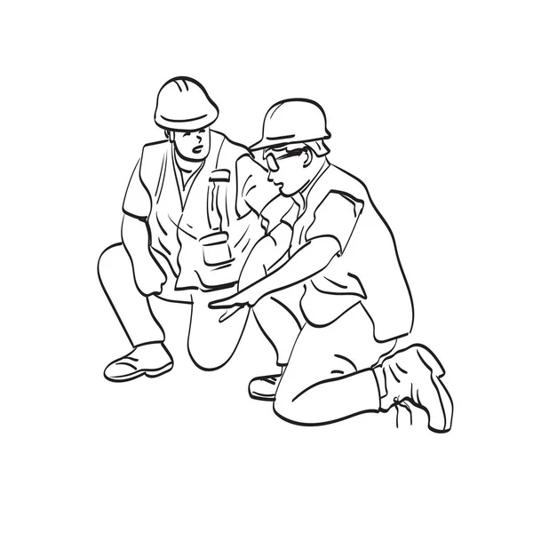 Dos Trabajadores Construcción Hablando Sombreros Duros Ilustración Vector Aislado Arte — Vector de stock