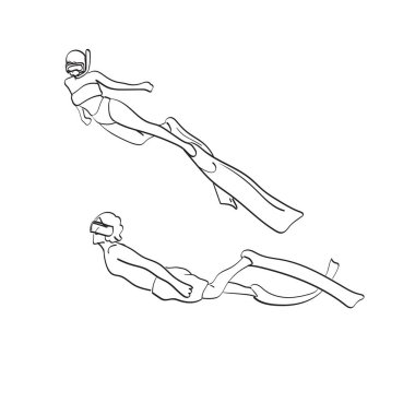 Su altında yüzen dalgıçlar beyaz arkaplan çizgisi üzerinde izole edilmiş çizim vektörü.