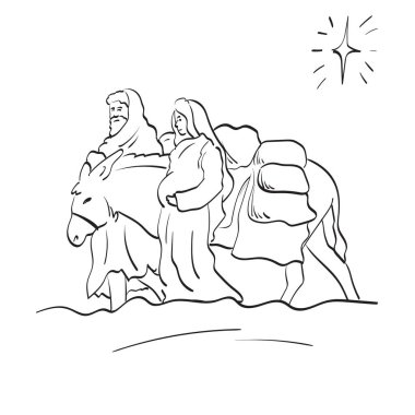 Çizgi sanatı Mary ve Joseph beyaz arka planda izole edilmiş eşek illüstrasyon vektörüyle seyahat ediyorlar. 