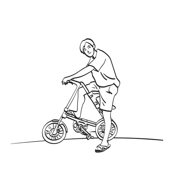 現代の自転車イラストベクトルに乗っている男は白い背景線画に隔離され — ストックベクタ