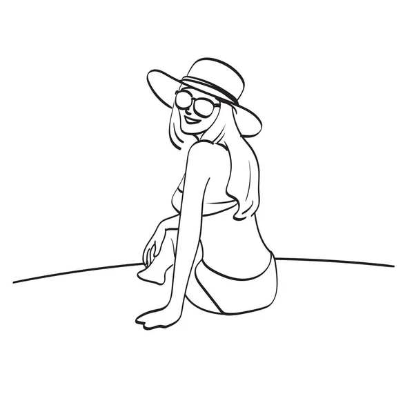 Hermosa Mujer Joven Bikini Con Gafas Sol Sombrero Sentado Ilustración — Vector de stock