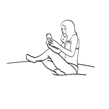 beyaz arkaplana izole edilmiş akıllı telefon çizim vektör el kullanarak bikinili sanat kadını