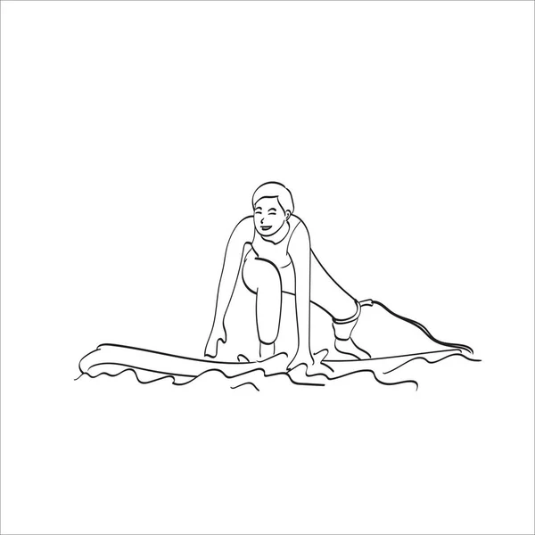 Čára Umění Mladá Žena Surfování Moři Ilustrační Vektor Ručně Kreslené — Stockový vektor