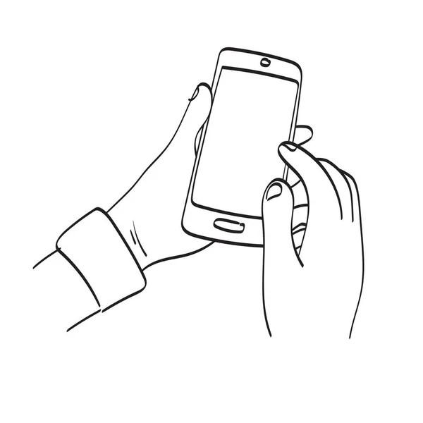 Linha Arte Closeup Mão Segurando Smartphone Com Tela Branco Fundo — Vetor de Stock
