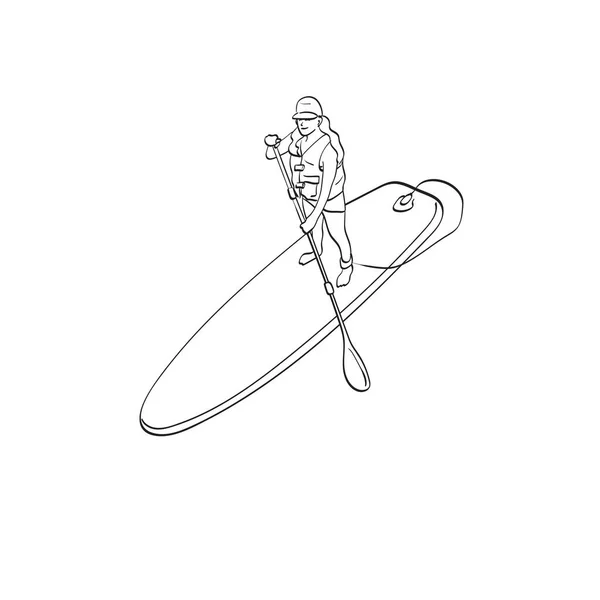 Vrouw Met Pet Stand Paddle Board Sup Illustratie Vector Hand — Stockvector