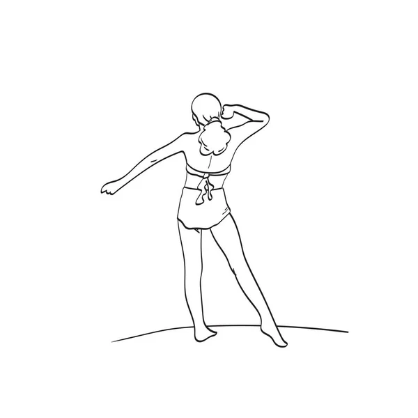 Γραμμή Τέχνη Γυναίκα Στέκεται Και Χαλαρωτικό Χέρι Τεντώσει Εικονογράφηση Διάνυσμα — Διανυσματικό Αρχείο
