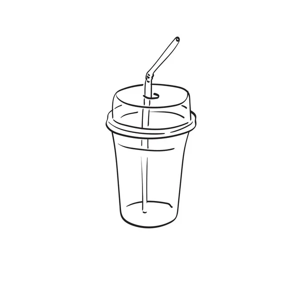 白い背景線画に描かれたストローイラストベクトル手で空のプラスチック製のアイスカップ — ストックベクタ