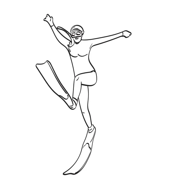 水着姿の女がフリッパーで飛び跳ねるイラストベクトル手描き白線画 — ストックベクタ