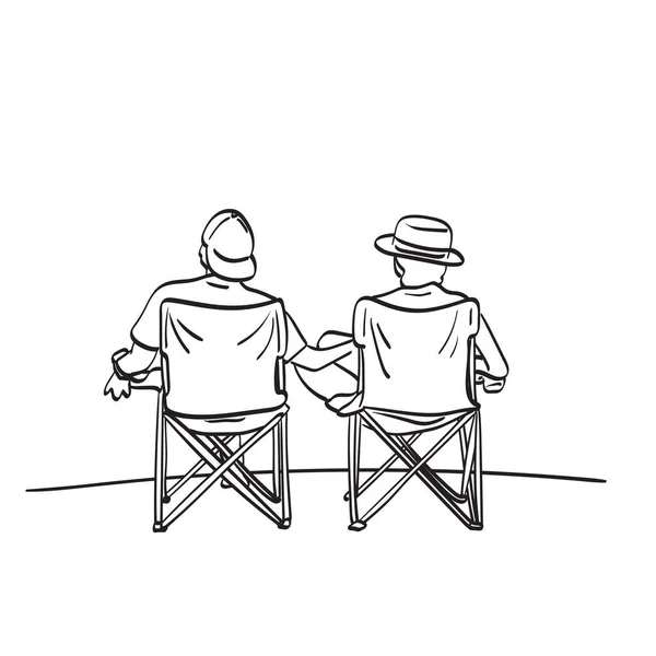一对夫妇坐在甲板椅子上放松的背景图 用白色背景线条艺术孤立的插图矢量手绘出来 — 图库矢量图片