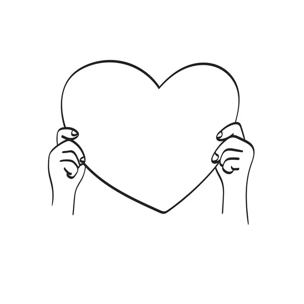 Line Art Closeup Hand Holding Big Heart Sign Illustration Vector — Stock Vector