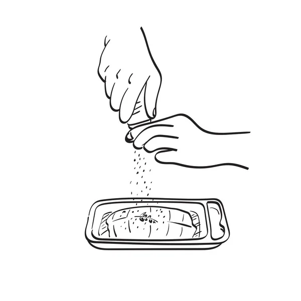 Closeup Hand Holding Salt Cellar Calmon Steak Illustration Vector Hand — Stockvektor