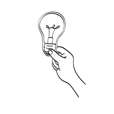 line art hand holding paper with bulb inside illustration vector hand drawn isolated on white background