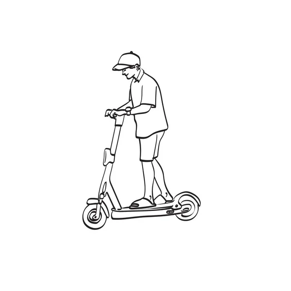 Line Art Man Cap Riding Scooter Illustration Vector Hand Drawn — Stock Vector