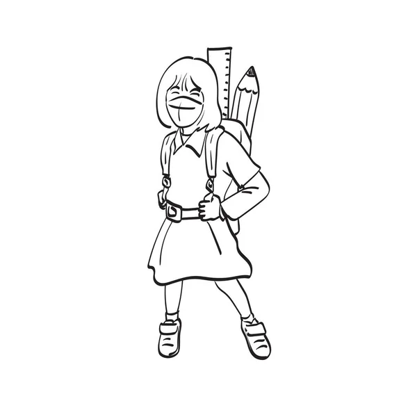 Line Art Shcool Girl Standing Wearing Medical Mask Schoolbag Ruler — Stockvector