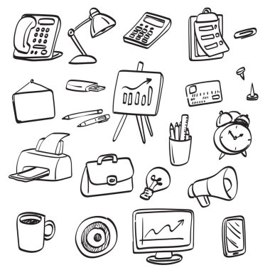 Business office accessories symbols illustration vector hand drawn isolated on white background line art. 
