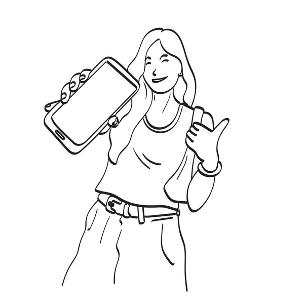 Line Art Woman Showing Blank Screen Smartphone Illustration Vector Hand — Archivo Imágenes Vectoriales