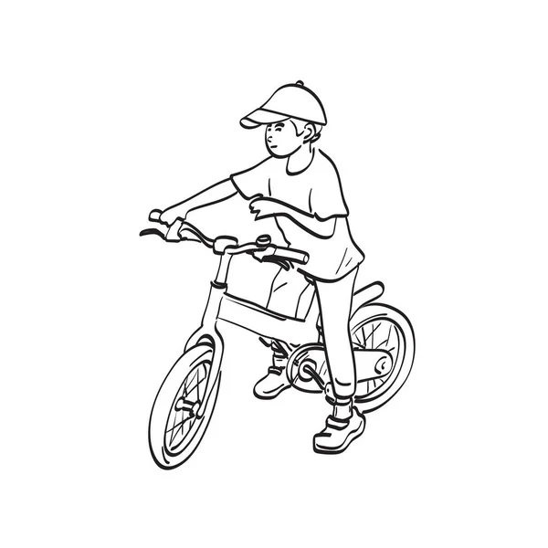 Little Kid Boy Riding Bicycle Cap Illustration Vector Hand Drawn — Stock vektor