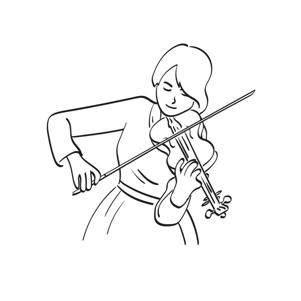 Line Art Half Length Woman Playing Violin Illustration Vector Hand — Stockový vektor