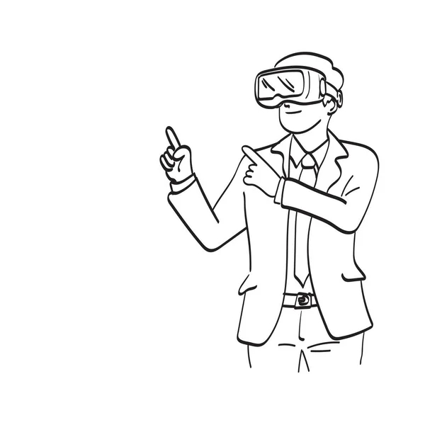 Line Art Businessman Goggles Pointing Finger Objects Digital World Illustration — Archivo Imágenes Vectoriales