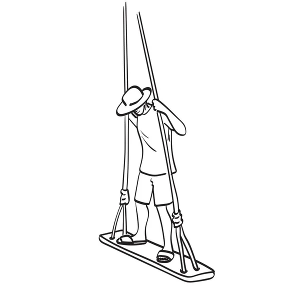 Man Standing Wooden Swing Illustration Vector Hand Drawn Isolated White — 스톡 벡터