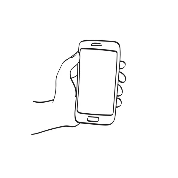 Linha Arte Closeup Mão Segurando Smartphone Ilustração Vetor Mão Desenhada — Vetor de Stock