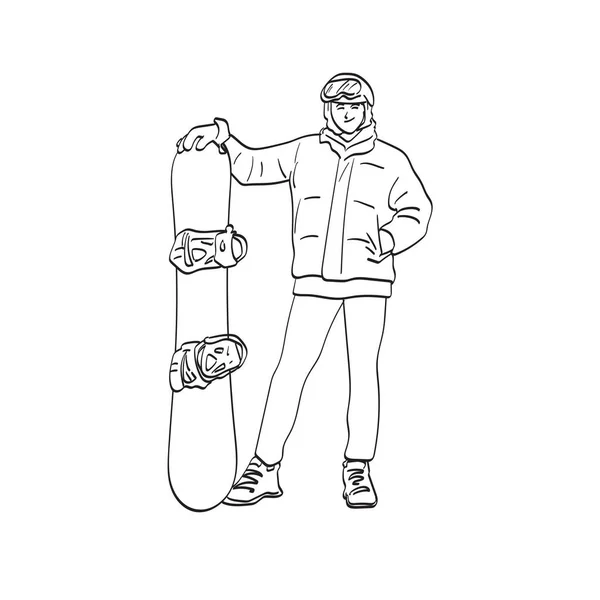 Lijn Kunst Professionele Snowboarder Staat Met Zijn Snowboard Illustratie Vector — Stockvector