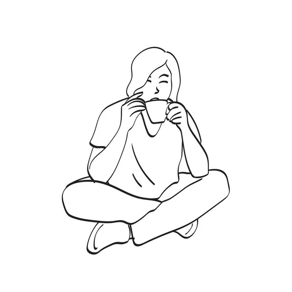 Femme Assise Sur Sol Avec Une Tasse Café Vecteur Illustration — Image vectorielle