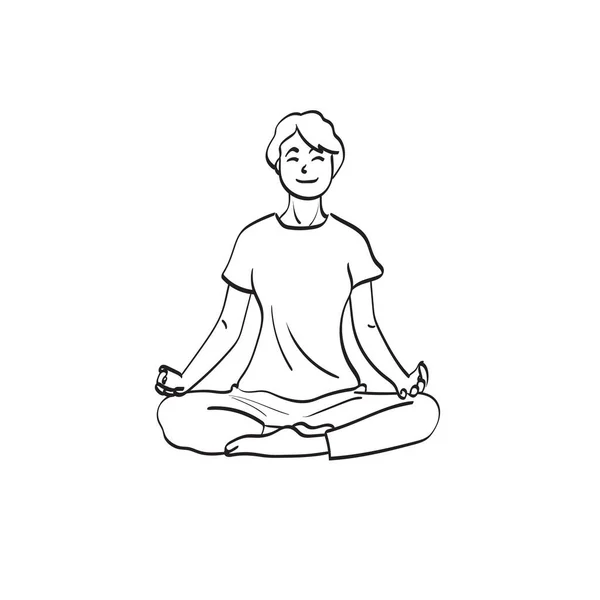 Woman Practices Yoga Meditates Lotus Position Illustration Vector Hand Drawn — Stock Vector