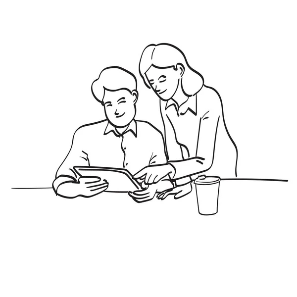 线条艺术界人士一起使用数字平板电脑 而坐在桌子上 插图矢量手绘在白色背景上 团队精神概念 — 图库矢量图片
