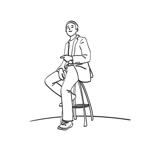 坐在椅子上的线艺术商人指着空白的地方 展示一些用白色背景隔开的插图矢量手绘 — 图库矢量图片