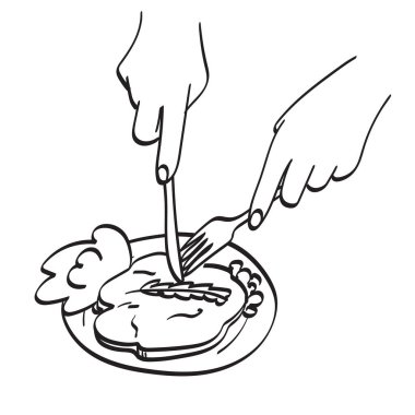 El ele tutuşmuş çatal ve bıçak yemek için beyaz arka plan çizgisi üzerine izole edilmiş biftek illüstrasyon vektör el çizimi.