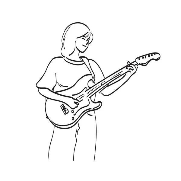 Line Art Woman Playing Electric Guitar Illustration Vector Hand Drawn — Stock Vector