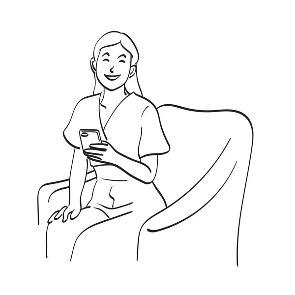 Line Art Smiling Businesswoman Holding Smartphone Sofa Illustration Vector Hand — Stock Vector