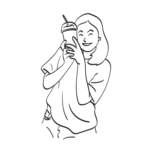 手にアイスコーヒーを持つ笑顔の女イラストベクトル手描き白線画 — ストックベクタ