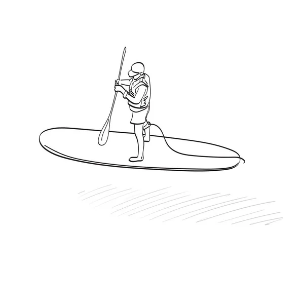 Man Life Jacket Cap Standing Paddle Board Illustration Vector Hand — Stock Vector