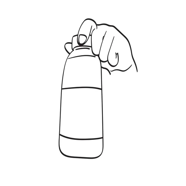 Línea Arte Mano Cerca Sosteniendo Botella Plástico Agua Con Etiqueta — Archivo Imágenes Vectoriales