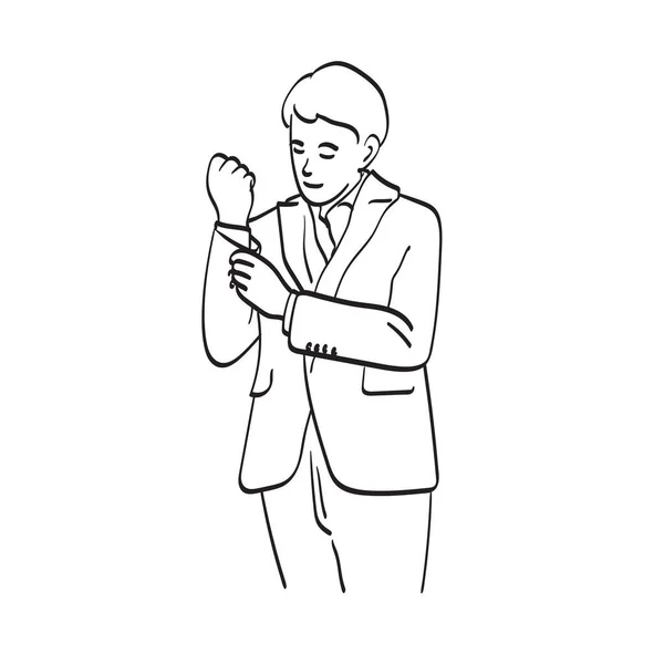 商人在袖扣上调整他的白衬衫钮扣 图上的矢量手绘在白色背景上 — 图库矢量图片
