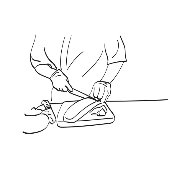 Primo Piano Mano Chef Affettare Salmone Blocco Legno Illustrazione Vettore — Vettoriale Stock
