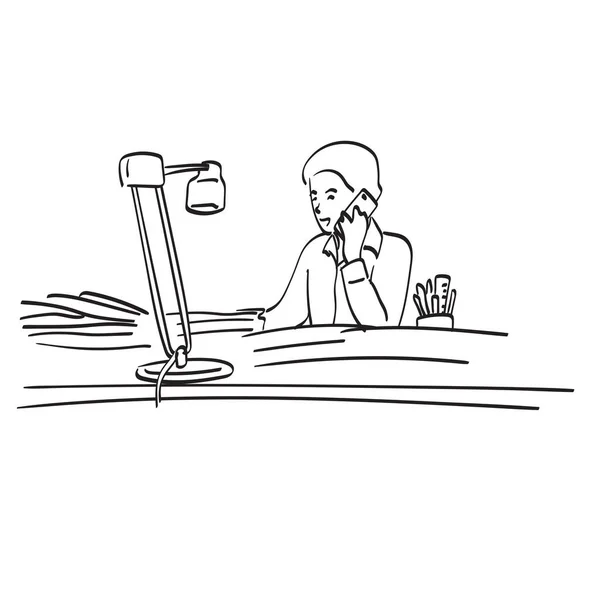 Linha Arte Empresário Usando Smartphone Mesa Bagunçada Ilustração Vetor Mão — Vetor de Stock