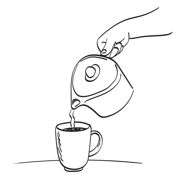 Hand Hält Traditionelle Teekanne Und Tropfen Tee Zur Tasse Illustration — Stockvektor