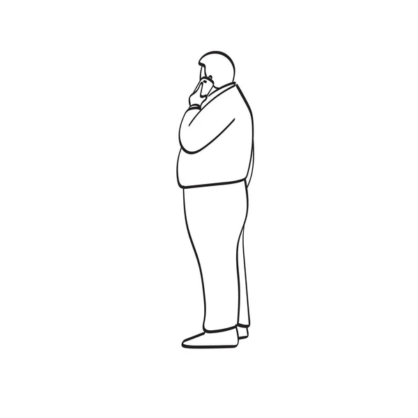 ラインアート白地に描かれたスマートフォンイラストベクトル手で太った男の全長側の風景 — ストックベクタ