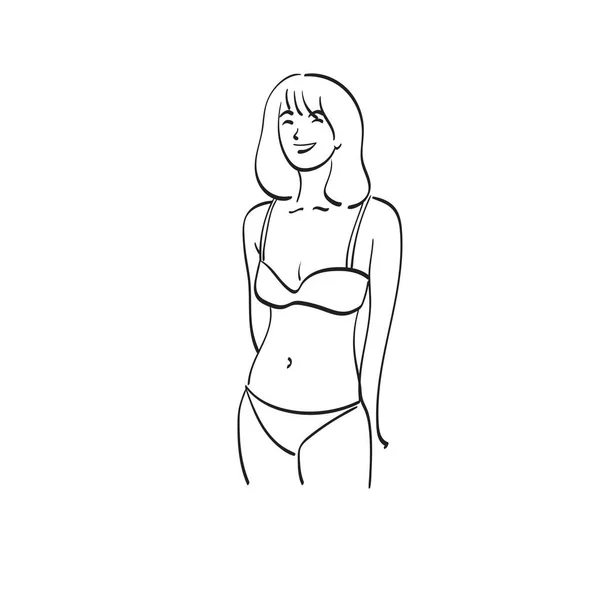 Línea Arte Media Longitud Mujer Bikini Ilustración Vector Mano Dibujado — Vector de stock