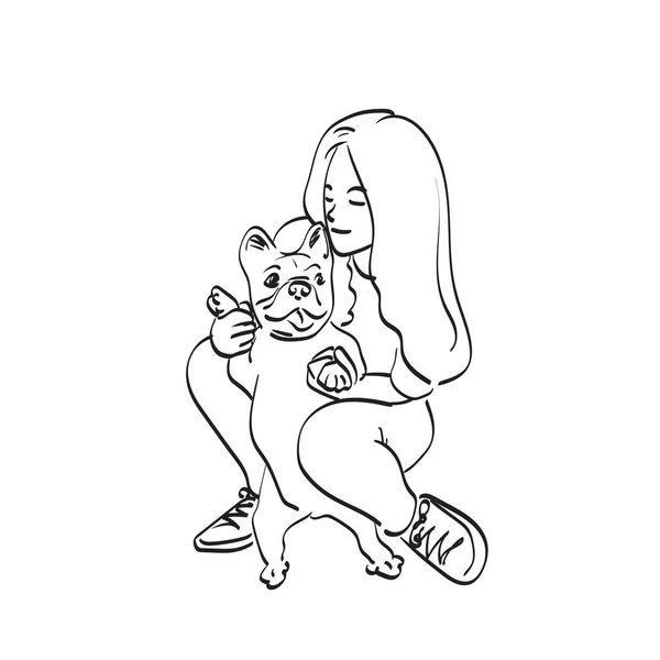 妇女与斗牛犬插图矢量手绘隔离在白色背景线艺术 — 图库矢量图片